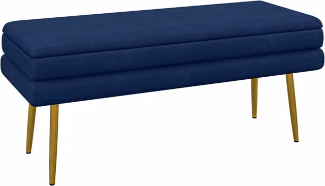 Panca contenitore Xylo con seduta in velluto blu e gambe in metallo oro L: 100 cm, P: 37,5 cm, H: 42 cm – 1