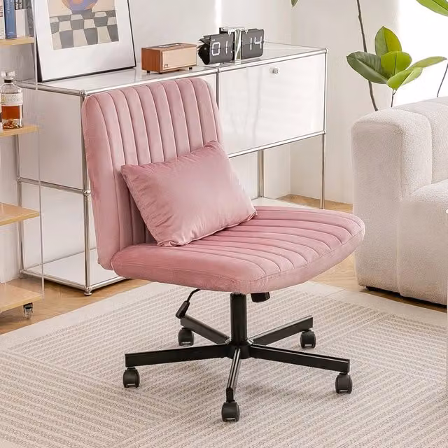 Sedia da ufficio girevole Xylo in velluto rosa con struttura in metallo, regolabile in altezza e dotata di ruote – 1