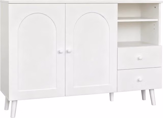 Sideboard bianco con porte concave, 2 cassetti, 2 ripiani aperti, maniglie e piedi in legno, 118x35x82 cm