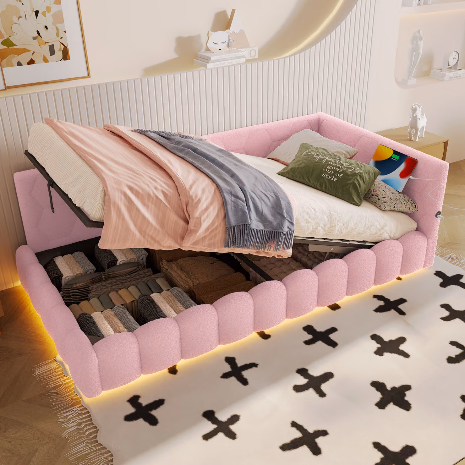Flieks letto imbottito idraulico daybed 90x200cm, divano letto con USB e Type-C, letto giovanile daybed con LED, letto contenitore in pile, rosa