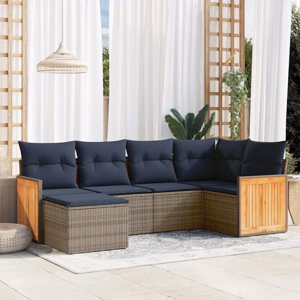 Set di divani da giardino vidaXL a forma di L composto da 6 pezzi con cuscini, colore grigio e blu, in rattan e metallo con struttura in acciaio verniciato a polvere