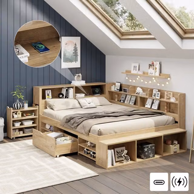 Letto per bambini con funzioni integrate in compensato naturale 140x200 cm