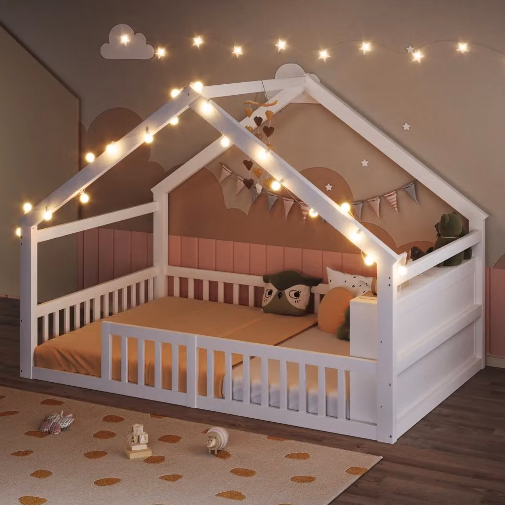 Letto a casetta Mivray per cameretta in legno di pino e MDF bianco con sponde, ripiani laterali e luci LED, L/P: 140 x 190 cm – 2