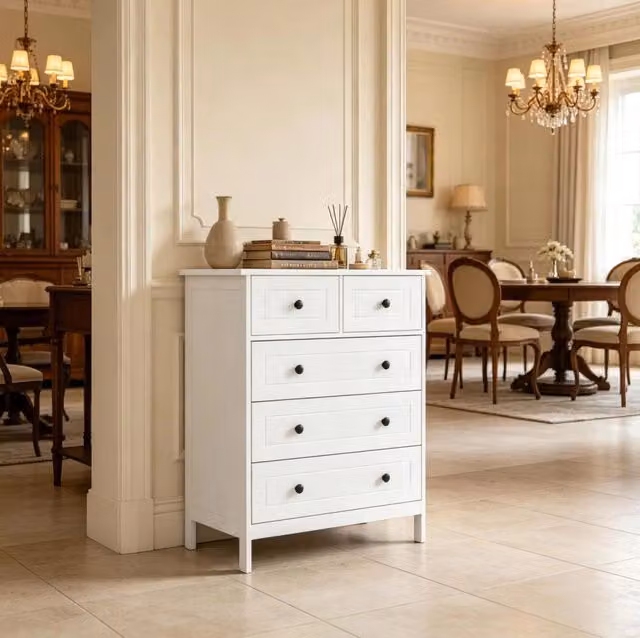 Cassettiera 74x40x91 cm bianca in MDF e pannello truciolare, 5 cassetti