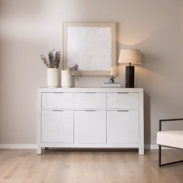 Credenza moderna Banak in legno e metallo con design geometrico, colore bianco e grigio