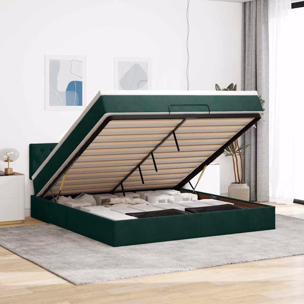 Letto con contenitore a sollevamento e materasso in velluto verde e bianco vidaXL L/P/H: 203 x 180 x 88 cm – 1