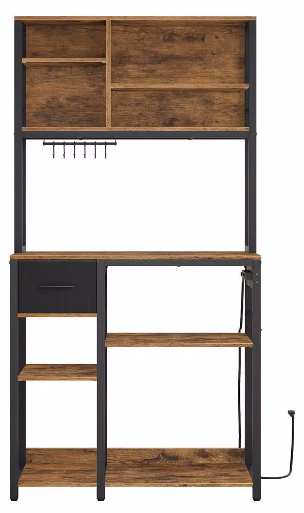 Ripiano per cucina con prese elettriche, ripiano per microonde | Marrone-nero | 80x40x180,4 cm