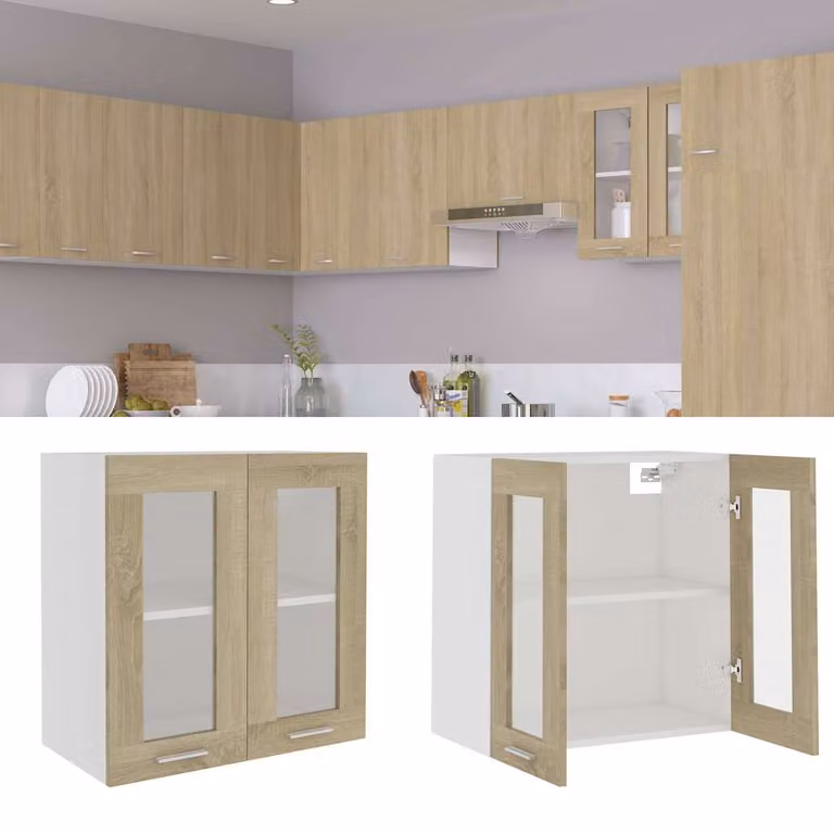 Pensile da cucina moderno vidaXL con ante in vetro e ripiani interni, colore rovere, L 60 cm x P 31 cm x H 60 cm
