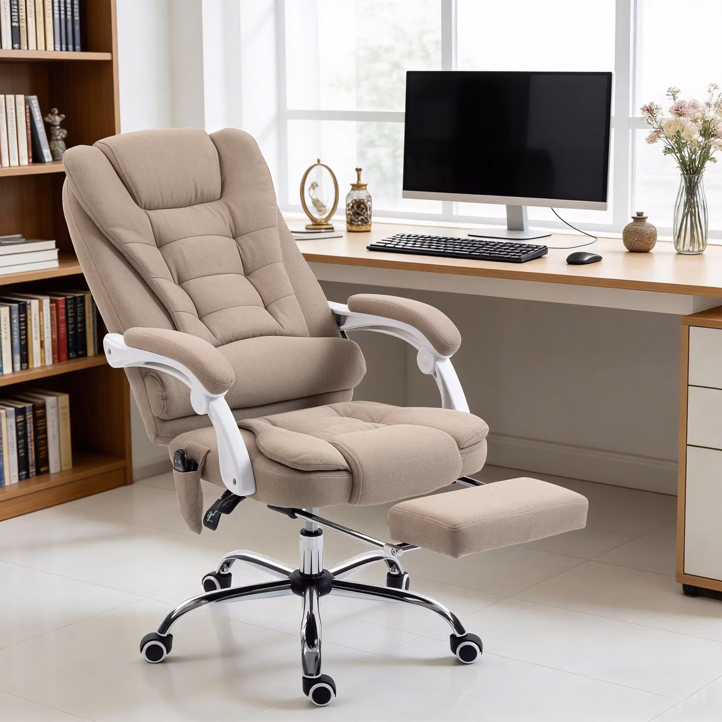 Poltrona da Ufficio Direzionale Aosom con Massaggio e Riscaldamento, Schienale Inclinabile e Altezza Regolabile, Tessuto Lino Beige – 2