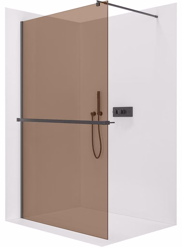 CERANO - Box doccia Walk-in Onyx Round L/P - 8 mm + mensola/portasciugamani - montante rotondo - nero opaco, vetro bronzo - 130x200 cm