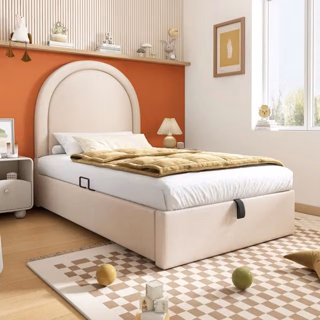 Letto imbottito per bambini WISHDOR beige con contenitore e base a sollevamento L/P/H: 206 x 90 x 91 cm – 1