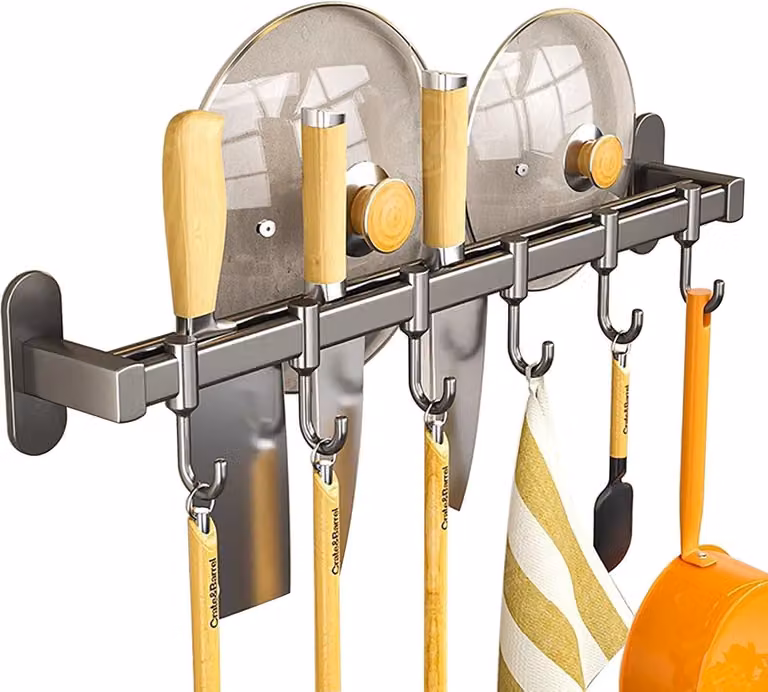 Portaoggetti in acciaio inossidabile, con supporto per coltelli e coperchi, dotato di 2 barre, 6 ganci, adatto per cucina e bagno