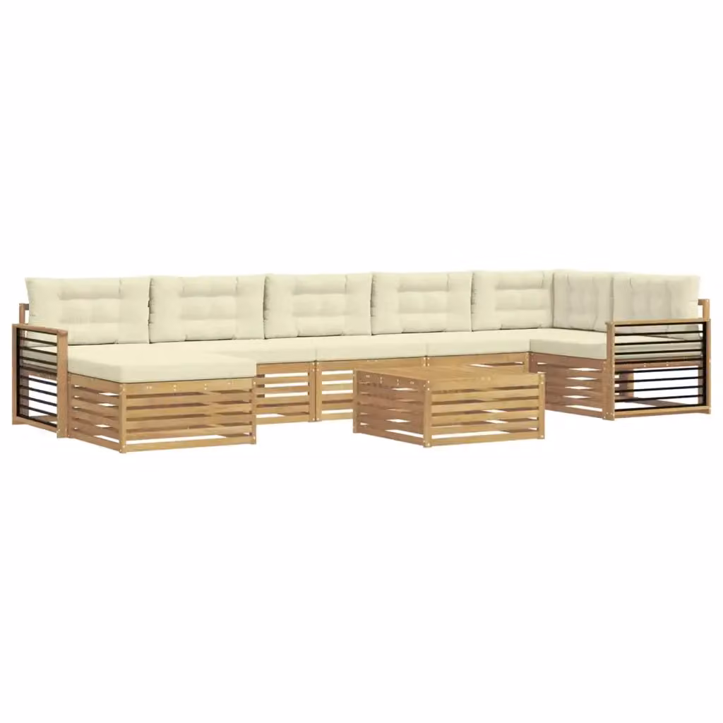 Set di divani da esterno a L vidaXL in legno di acacia con cuscini e tavolino, Bianco e Beige – 2