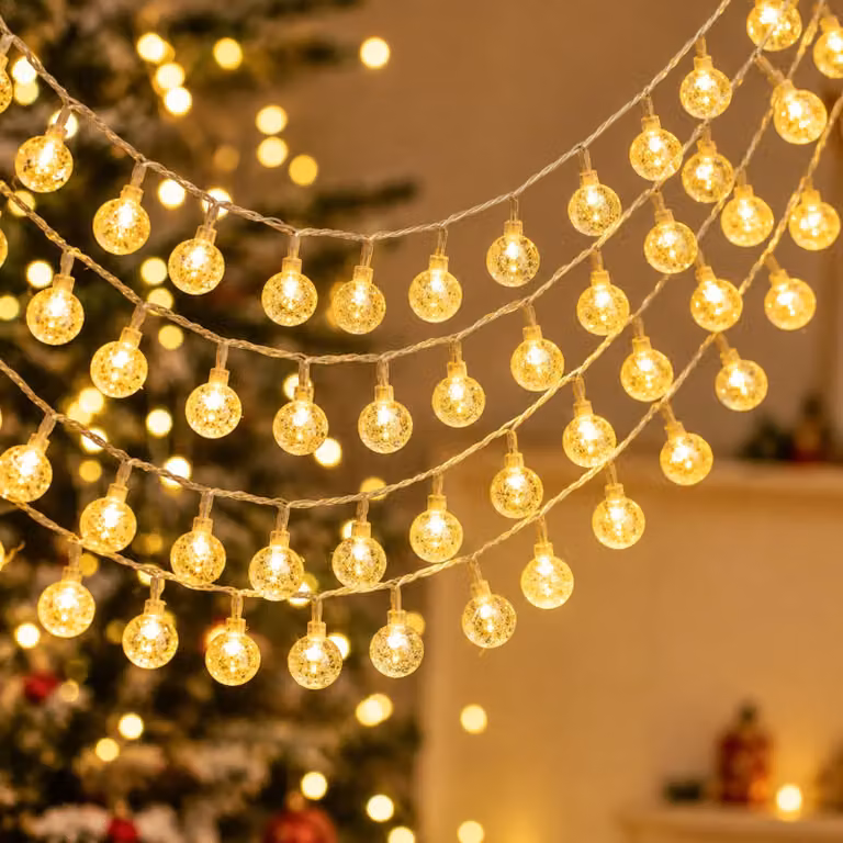 Catena luminosa da 6 metri, con 40 LED a forma di bolla, luce bianco caldo, alimentata a batteria