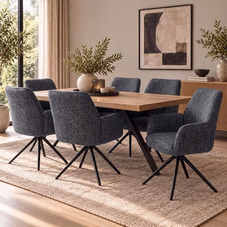 Set di 6 sedie da pranzo modello HWC-G67, girevoli, con meccanismo di auto-regolazione, rivestite in tessuto chenille (410g/m²), struttura in metallo nero, imbottitura grigio scuro