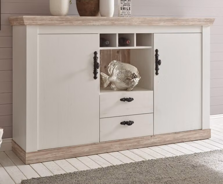 Credenza "Rovola" in pino bianco / cassettiera in pino Oslo 168 x 104 cm