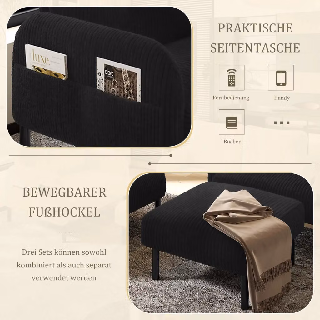 Set di divano moderno REDOM composto da divano a 2 posti, poltrona e pouf in velluto a coste nero, L/P/H: 120 x 75 x 79 cm – 2