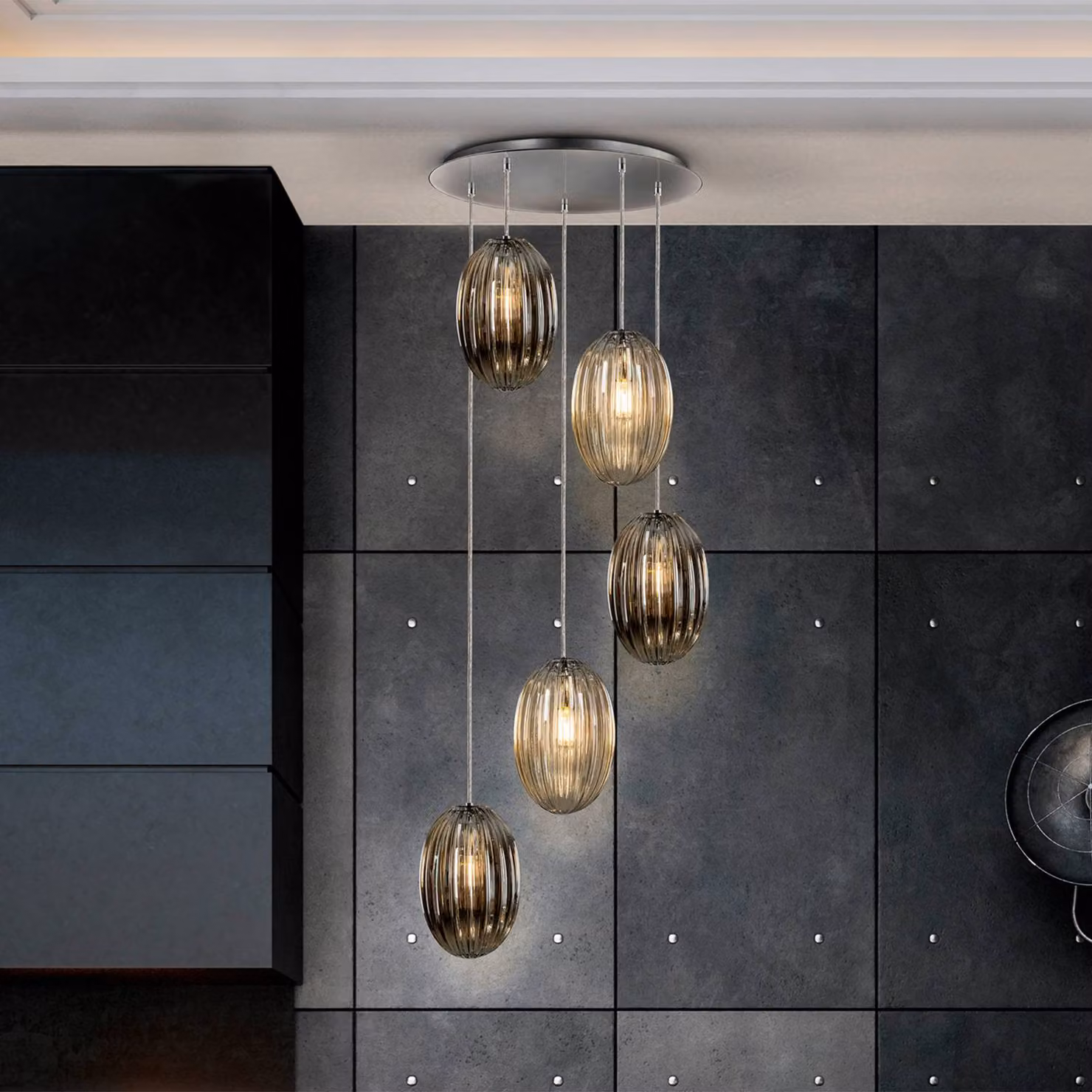 Schuller Valencia Lampada a sospensione in vetro Ovila, dimmerabile, Alluminio / Grigio / Zincato, Soggiorno / Sala da pranzo, Vetro, Lampada a sospensione