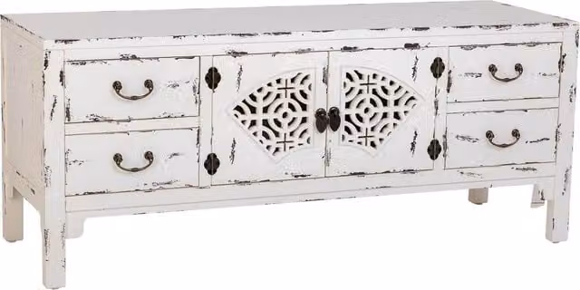 Mobile basso in legno laccato bianco, 4 cassetti 2 porte 120x40x50h cm