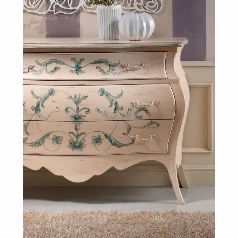 Comò bombato in stile shabby chic con decori floreali di Mobili 2G, colore avorio, L: 130 cm, P: 55 cm, H: 88 cm – 1