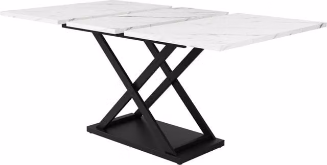 Tavolo da pranzo allungabile in MDF effetto marmo bianco 120-160x80 cm con gambe incrociate in ferro nero