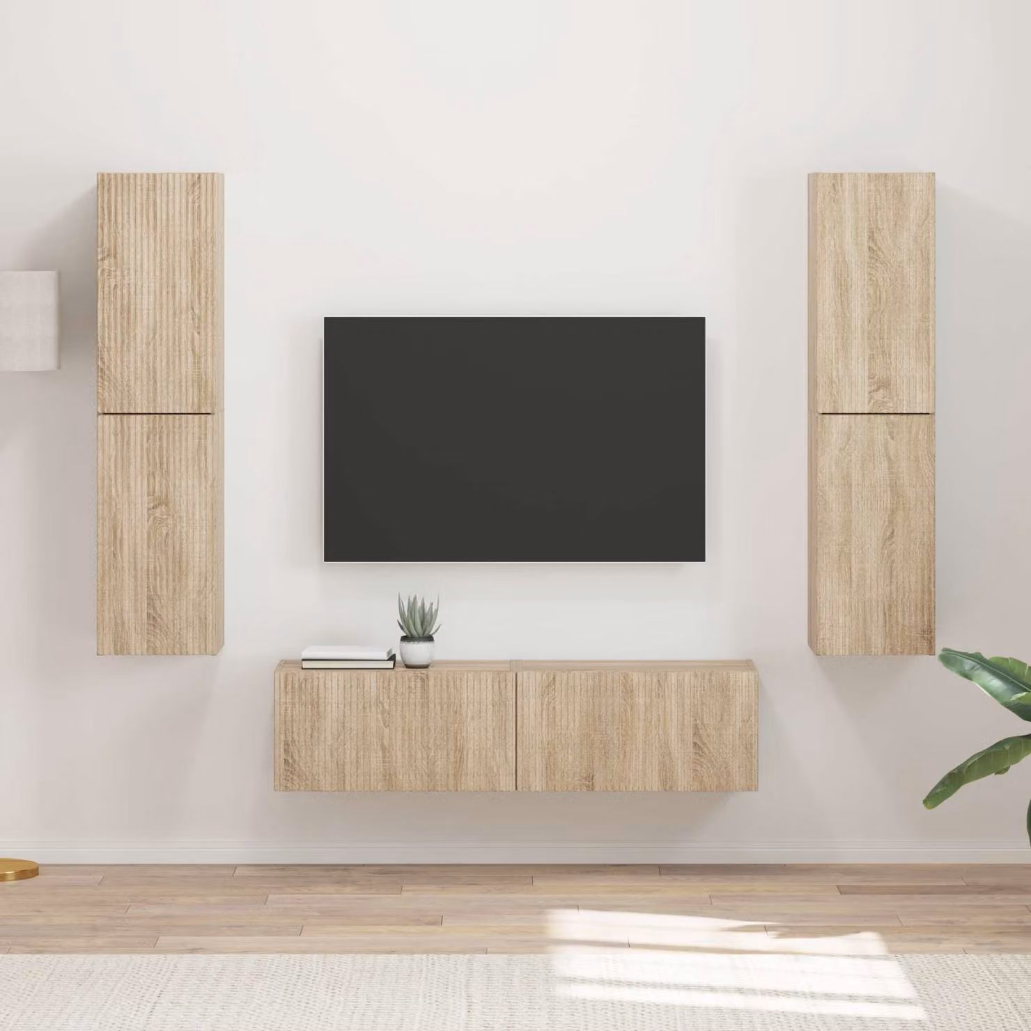 Set mobile TV moderno vidaXL in legno 6 pezzi colore Rovere con illuminazione integrata per soggiorno o camera da letto