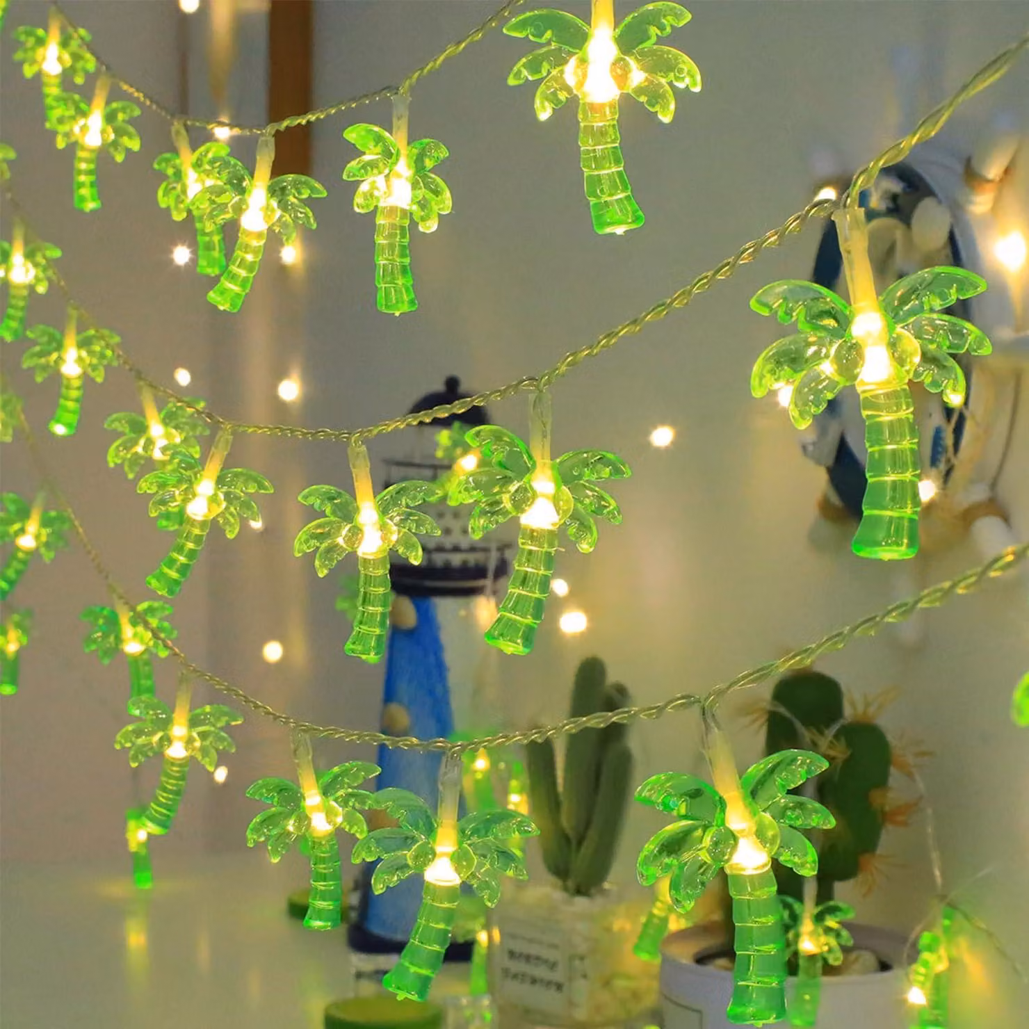 Catena luminosa a LED con motivi di palme, lunghezza 3 metri, 20 palme verdi, alimentazione a batteria