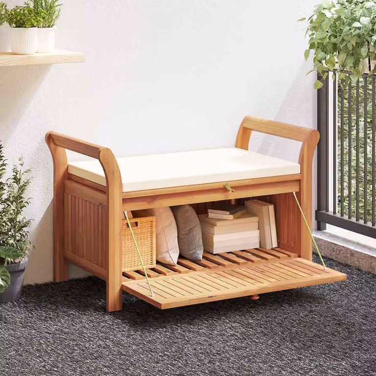 vidaXL Panca Portaoggetti da Giardino in Legno di Acacia con Cuscini, Marrone e Bianco, L: 91 cm, P: 50 cm, H: 43 cm