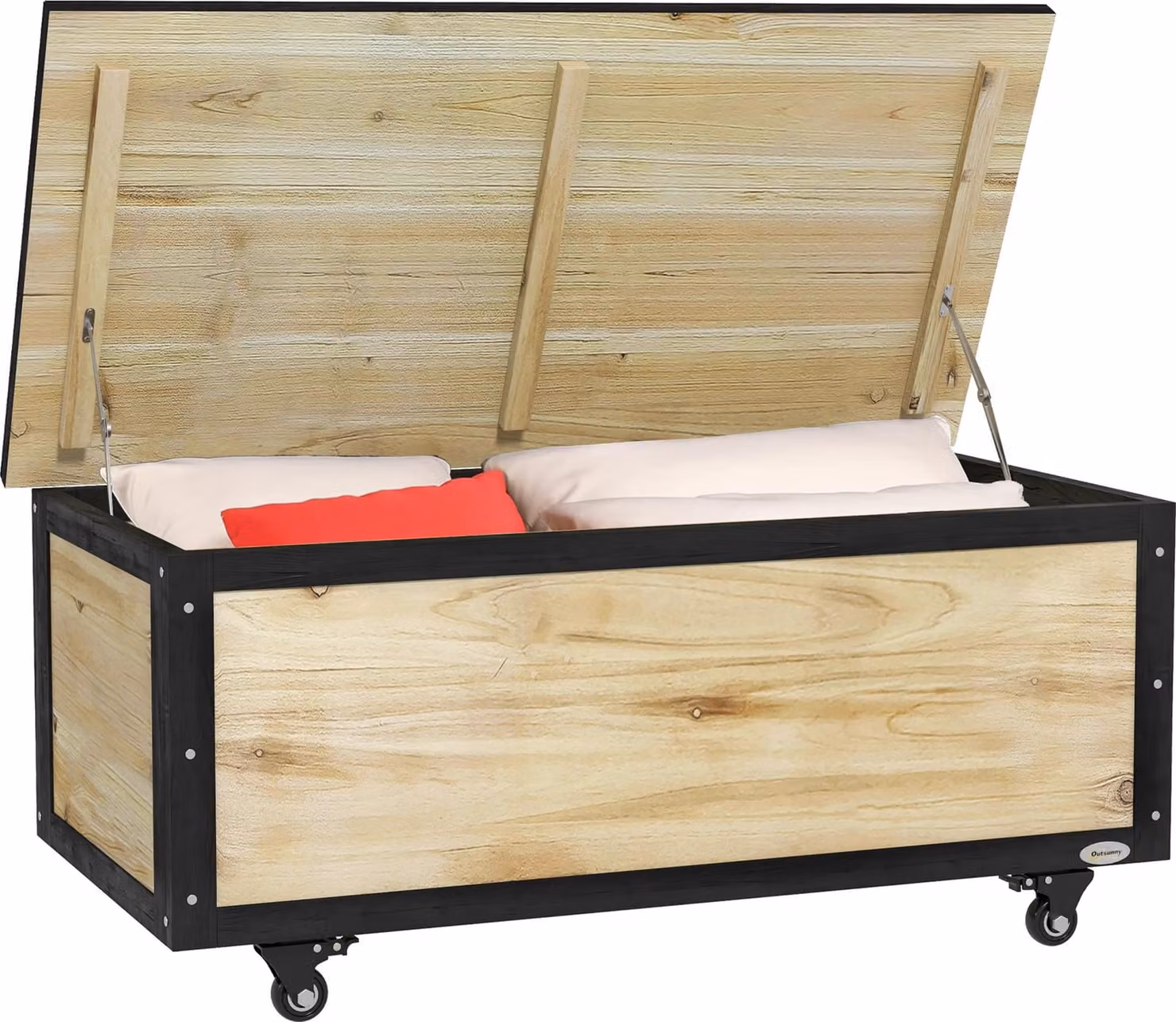 Moonbite Gartenbox 121 L con due ruote, cassone in legno massello idrorepellente, spazio di stoccaggio per cuscini e giocattoli, coperchio resistente, legno di abete, legno naturale