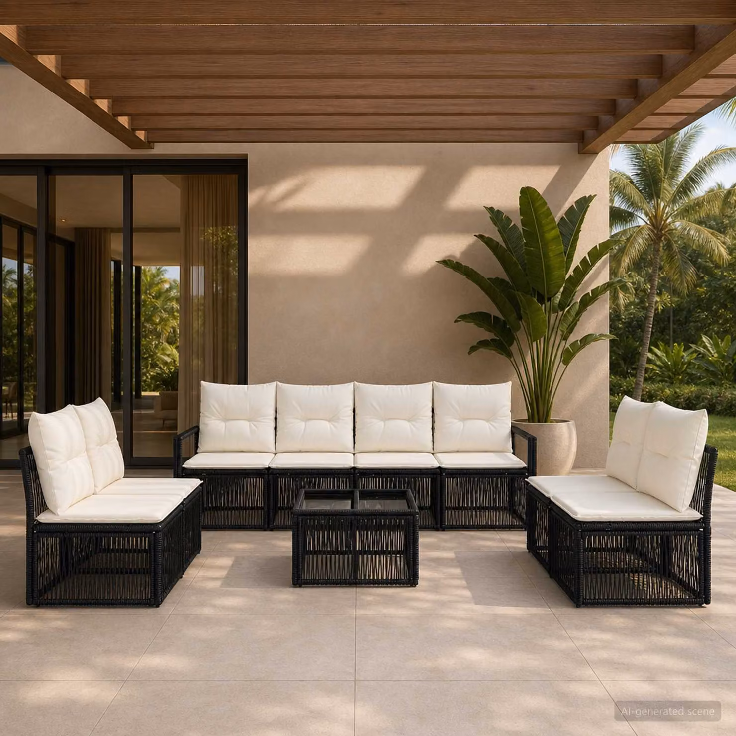 Set Divano da Giardino vidaXL 9 pz Nero con Poltroncine, Divano a 3 posti e Tavolino da caffè in Polyrattan e Metallo con Cuscini Inclusi