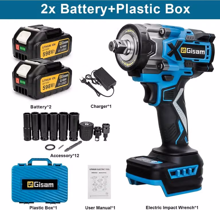 Avvitatore a impatto a batteria - Attacco quadrato da 1,27 cm - Coppia di 900 Nm - Motore brushless - 6000 giri/min - 18 V - 2 batterie - Valigetta in plastica