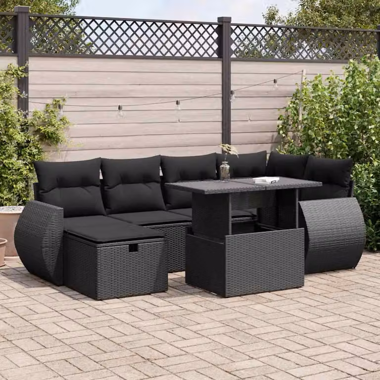 Set Divano da Giardino a L vidaXL con Cuscini e Tavolino, 7 Pezzi, Nero