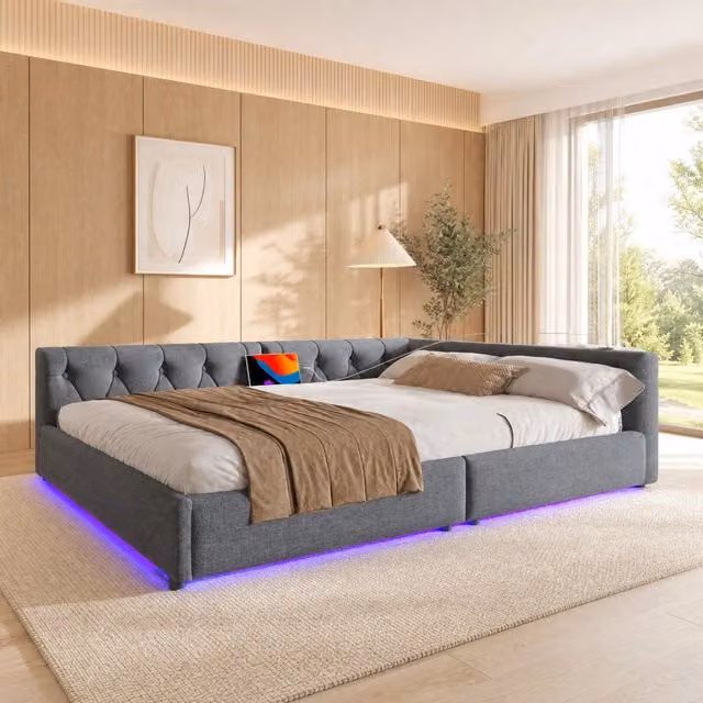 Letto da giorno 140 x 200 cm in lino e MDF; rete a doghe; LED 7 colori; USB e Type-C; grigio