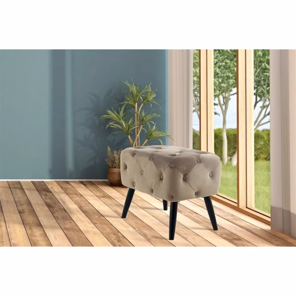 Pouf imbottito Chesterfield KENDRA HOME in velluto beige con gambe nere L: 48 cm, P: 40 cm, H: 40 cm – 2