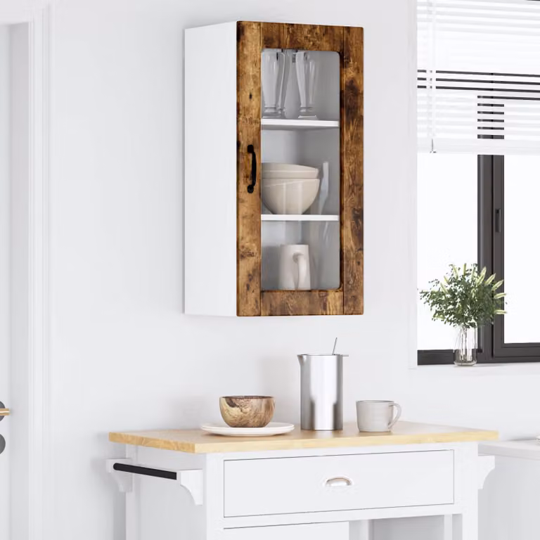 Set di 2 mobili da parete LUCCA vidaXL in legno e vetro con ante in vetro, Rovere Fumo e Bianco, L/P/H: 80 x 31 x 40 cm