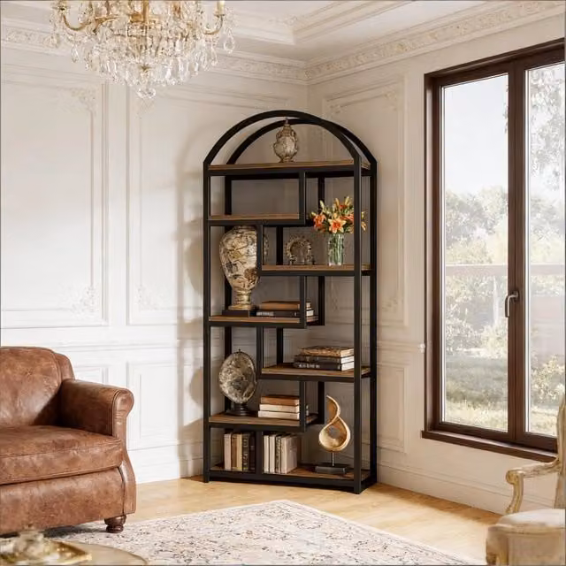 Scaffale 7 ripiani con piedini regolabili in MDF e metallo nero e marrone rustico