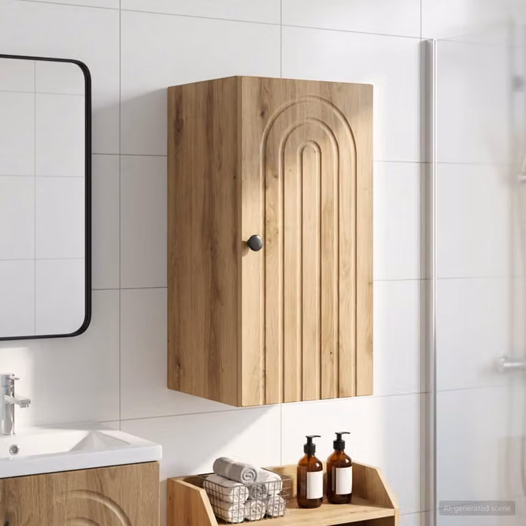Armadio da bagno a muro vidaXL ALKMAAR moderno in rovere e metallo con ante a battente e ripiani interni, marrone e nero