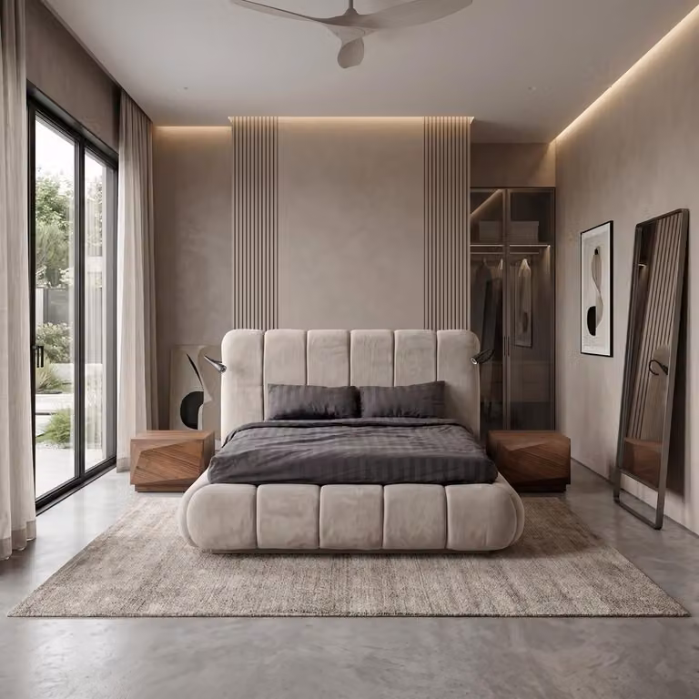Set per camera da letto moderno, beige, elegante, composto da un letto, due comodini e altri mobili