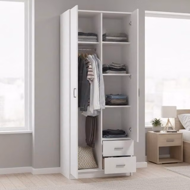 Armadio da camera da letto moderno DMORA con 2 ante, cassetti interni e appendiabiti, Bianco opaco, L: 80 cm, H: 205 cm – 1