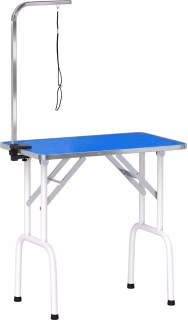 PawHut Tavolo da Toelettatura Pieghevole con Piano Antiscivolo e Braccio Regolabile, Blu, L: 81 cm, P: 48,5 cm, H: 80 cm