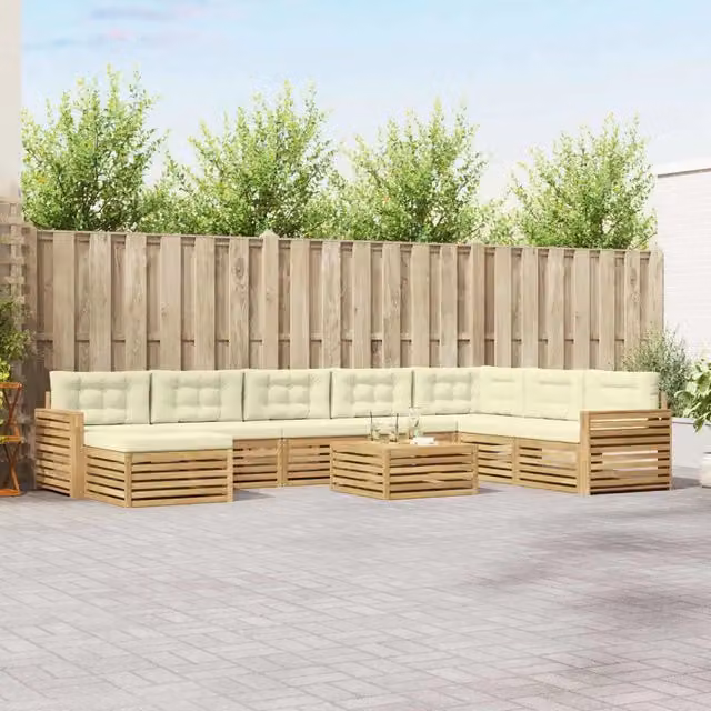 Set di divani da esterno vidaXL a forma di L in legno di acacia con cuscini, Bianco e Beige