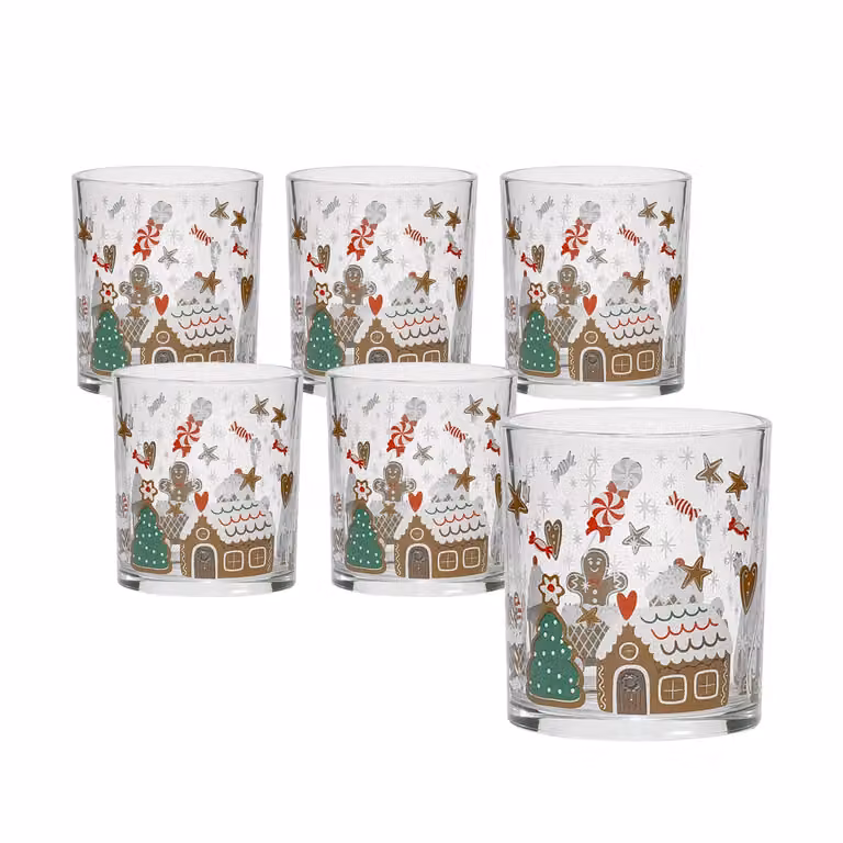 Set di 6 bicchieri da acqua natalizi in vetro trasparente Gusto Casa Linea Pan di Zenzero da 25 cl