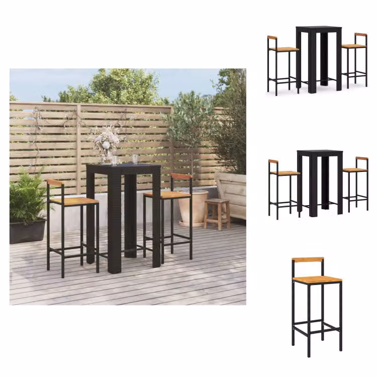 vidaXL Set bar da giardino 3 pezzi in poly rattan nero e legno massiccio di acacia - Set di mobili da giardino