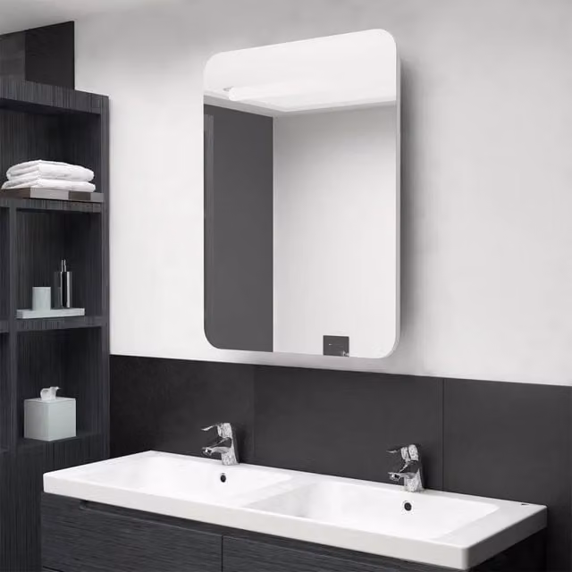Armadietto da bagno moderno vidaXL con specchio e illuminazione LED, bianco lucido, L: 60 cm, P: 11 cm, H: 80 cm