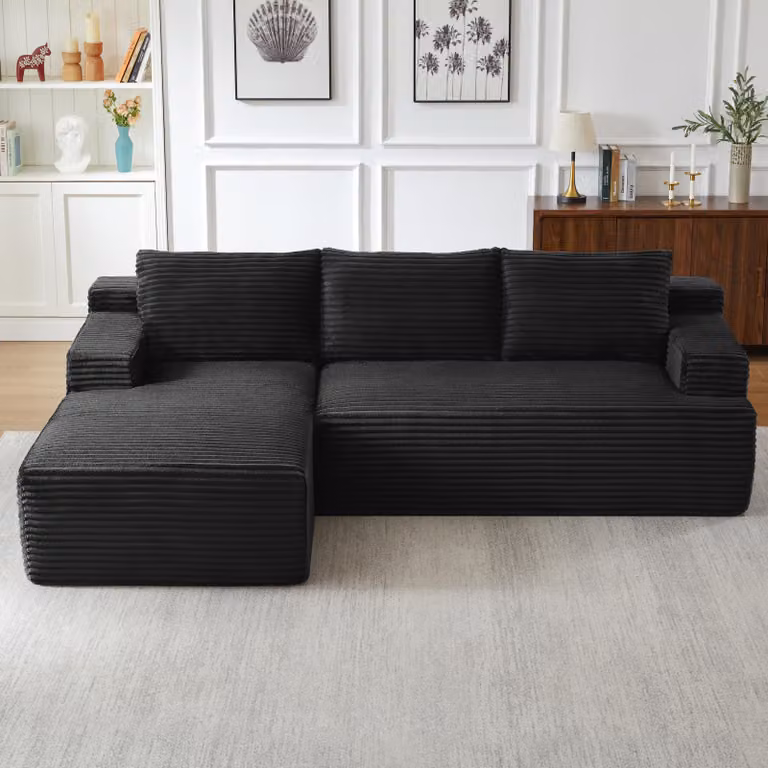 Divano ad angolo, modello L, divano letto modulare dal design moderno, con seduta profonda, imbottitura in schiuma e molle insacchettate, rivestito in tessuto corduroy, senza necessità di montaggio