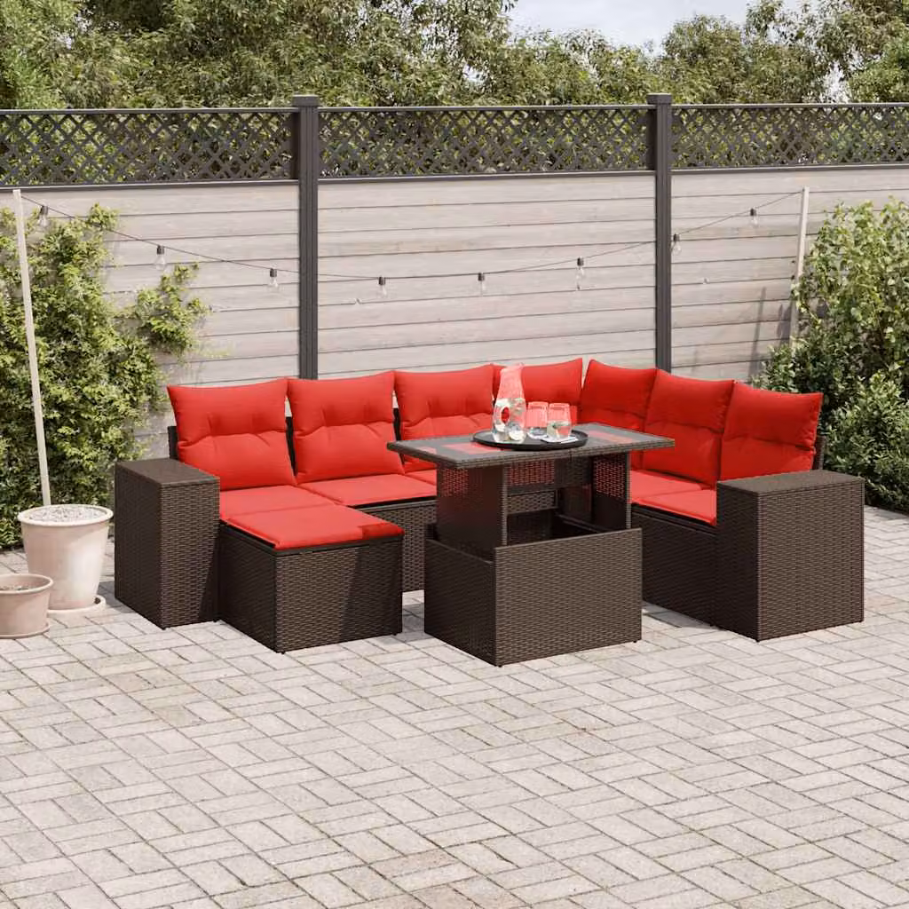 Set di divani da giardino vidaXL 8 pezzi in polyrattan marrone con cuscini e tavolino con struttura in metallo