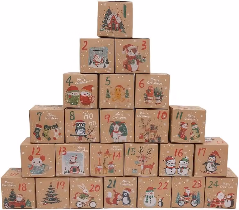 Calendario dell'Avvento da riempire - 24 scatoline per il calendario dell'Avvento - Eleganti sacchetti regalo - Scatoline con motivi natalizi (beige - E)