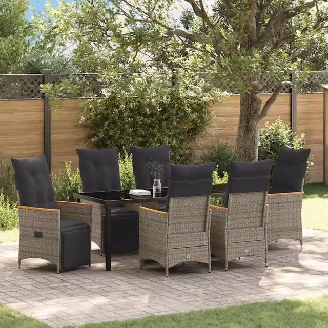 Set da pranzo per giardino e terrazzo vidaXL in polyrattan e legno di acacia con piano in vetro, 7 pezzi, grigio e marrone – 1