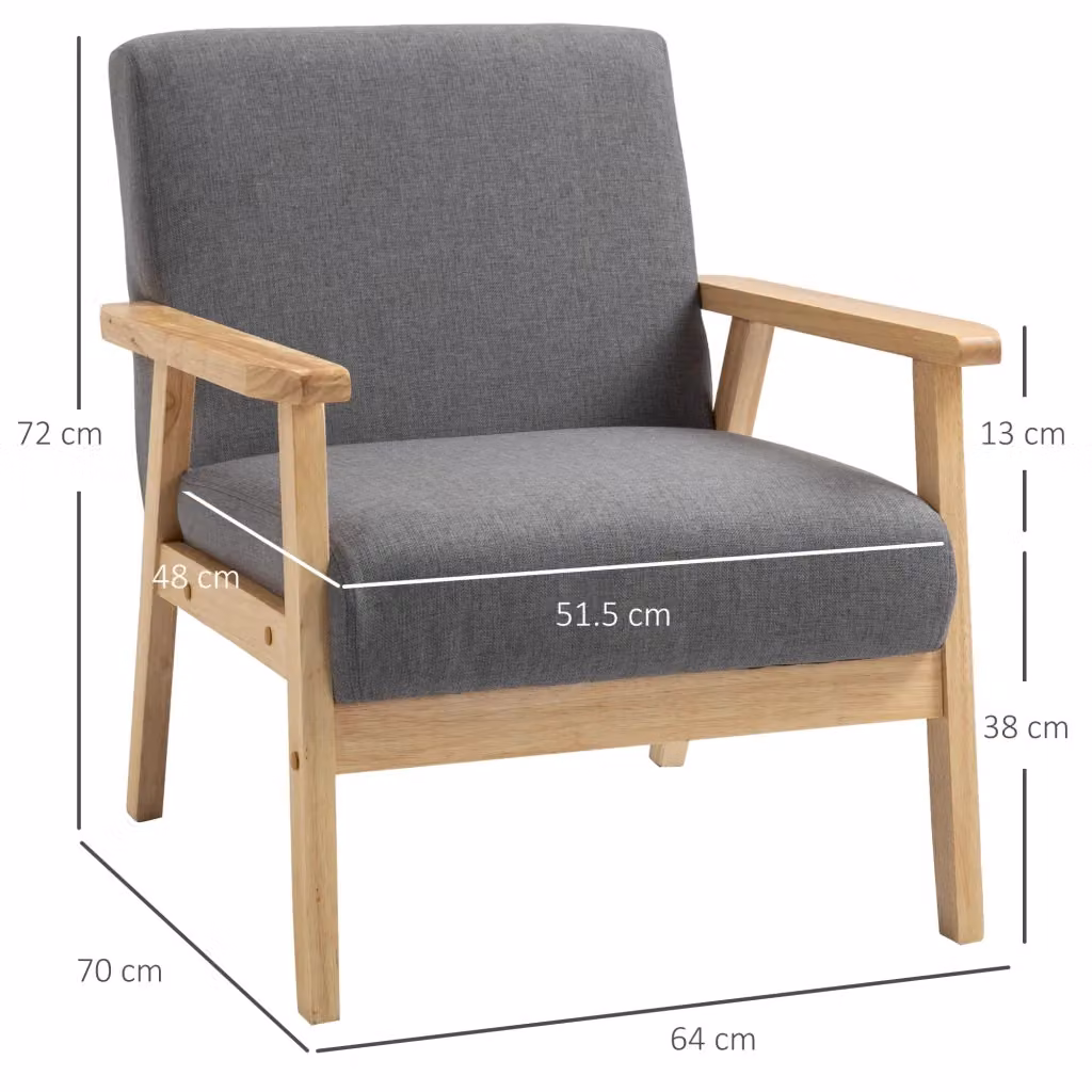Poltrona da salotto WISHDOR in stile scandinavo con struttura in legno e rivestimento in tessuto, colore grigio, L: 64 cm, P: 70 cm, H: 72 cm – 2