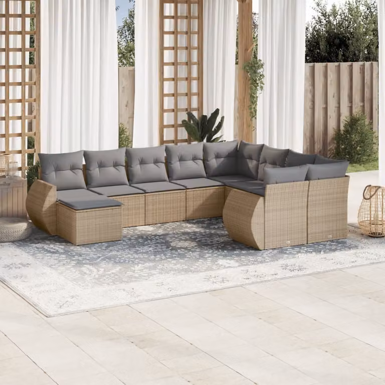Set Divano da Giardino vidaXL 10 pz con Cuscini Beige e Tavolino in Polyrattan e Acciaio